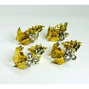 Vintage Department 56 Holly Bell Napkin Rings 18K Gold Plated Holly Set of 4